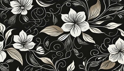 モノクロの和柄の花模様　ダイナミック