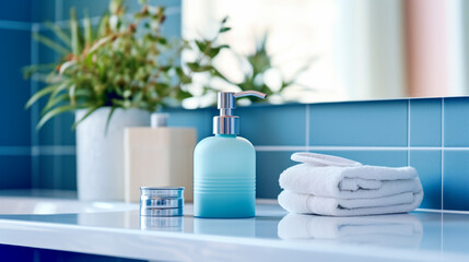 Tranquil bathroom decor with blue soap dispenser and white towels on tiled counter. Serenity and care concept. Generative AI - obrazy, fototapety, plakaty