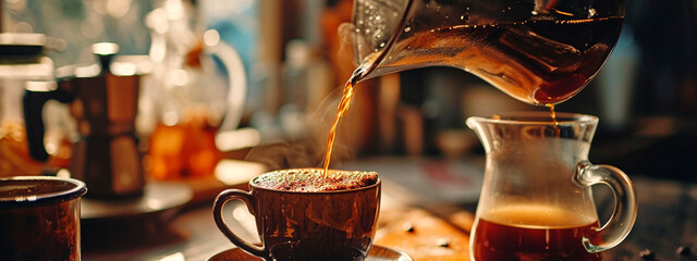 Pouring hot coffee into a cup. Selective focus. - obrazy, fototapety, plakaty