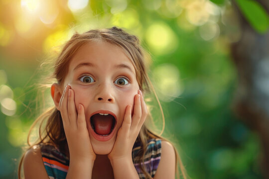 Young Girl Expresses Surprise And Delight With Hands Pressed Against Her Cheeks