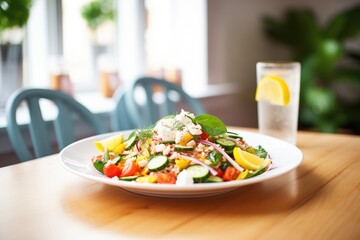 diet-friendly: greek salad with calorie count label in the corner