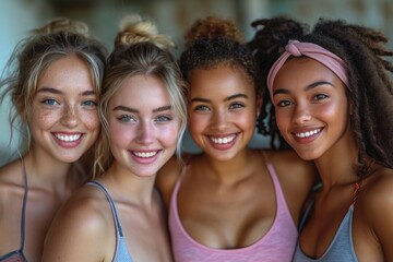 Fototapeta premium Diverse and happy group of young friends taking a cheerful selfie after working out at the gym or studio.