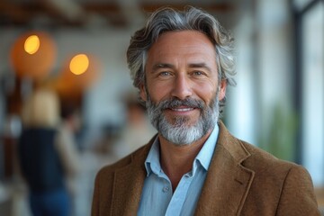 Fototapeta premium Confident and happy senior businessman with beard emitting success and positive energy.