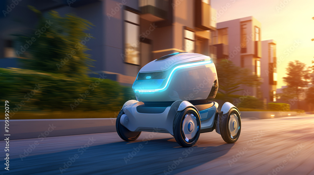 Poster tech delivery bot cruising in a suburban neighborhood at twilight. efficiency and automation concept