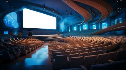 Futuristic conference hall with blue lighting and large screen. Modern design concept. Generative AI - obrazy, fototapety, plakaty