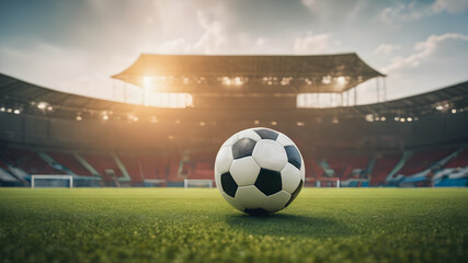 Fototapeta premium ball on the green field in village soccer stadium. ready for game in the midfield
