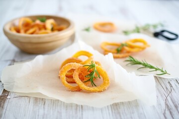 gummy peach rings in a scoop on parchment paper