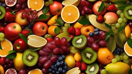 Different fruits as apple, orange, strawberry, mango, kiwi, grapes seamless pattern. Fruit repeated background of harvest.