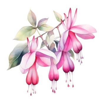 Fuchsia flower watercolor illustration. Floral blooming blossom painting on white background