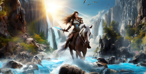 Fantasy scene with a woman warrior riding a horse in front of a waterfall, Warrior on horseback. Fantasy and fairy tale. 3d rendering, Beautiful woman riding a horse on a background of waterfalls.