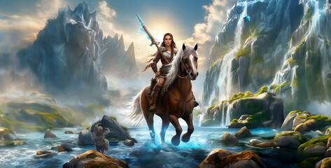 Fantasy scene with a woman warrior riding a horse in front of a waterfall, Warrior on horseback. Fantasy and fairy tale. 3d rendering, Beautiful woman riding a horse on a background of waterfalls.