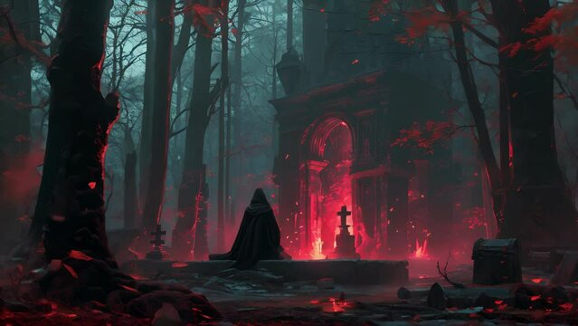 Deep within the heart of a forgotten forest, a shadow assassin kneels before a dark altar, offering their loyalty and skills to the secret society that has granted them power Fantasy animatio