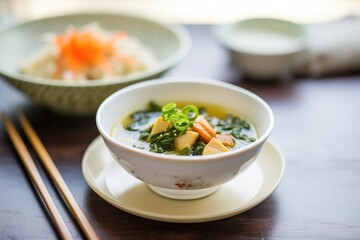vegan miso soup version with chickpea tofu and kale