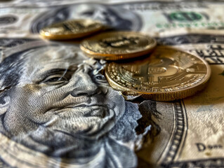 Close-up of Bitcoin coins on US dollar bills, blurred background. Finance and digital currency concept. Generative AI