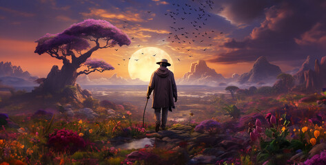Fantasy landscape with a man in a hat on the background of the full moon, Fantasy landscape with a...