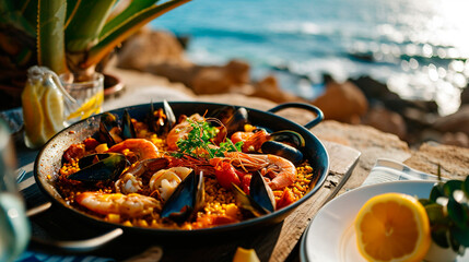 paella with seafood on a background of the sea. Selective focus.