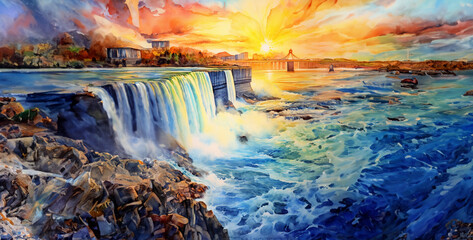 Digital painting of Niagara Falls at sunset, United States of America.Niagara Falls at sunset. Panoramic view of Niagara Falls, Ontario, watercolor painting of Niagara Falls at sunset