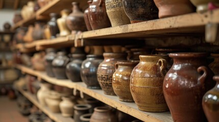 Rows of pottery goods on shelves in a ceramic workshop studio