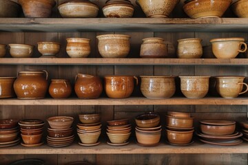 Rows of pottery goods on shelves in a ceramic workshop studio