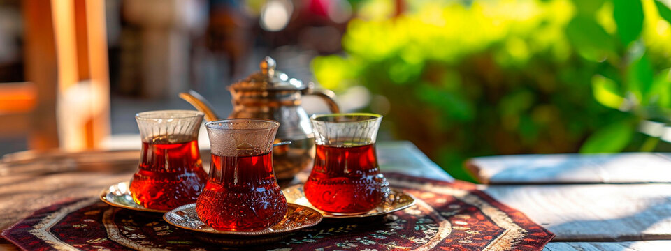 Turkish tea on the table. Selective focus.