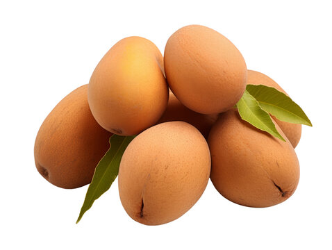A grouping of ripe sapodilla fruits with leaves on a transparent background.