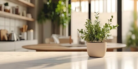 Obraz premium Harmonious home interior. Cozy living space featuring wooden table adorned with green potted plant creating natural and fresh atmosphere perfect for interior design concepts