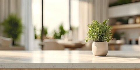 Harmonious home interior. Cozy living space featuring wooden table adorned with green potted plant creating natural and fresh atmosphere perfect for interior design concepts