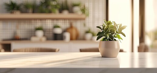 Harmonious home interior. Cozy living space featuring wooden table adorned with green potted plant creating natural and fresh atmosphere perfect for interior design concepts - Powered by Adobe