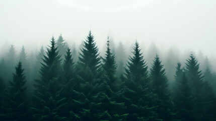 pine trees in the fog are seen - obrazy, fototapety, plakaty