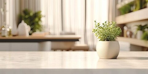 Fototapeta na wymiar Harmonious home interior. Cozy living space featuring wooden table adorned with green potted plant creating natural and fresh atmosphere perfect for interior design concepts