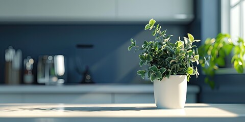 Harmonious home interior. Cozy living space featuring wooden table adorned with green potted plant creating natural and fresh atmosphere perfect for interior design concepts