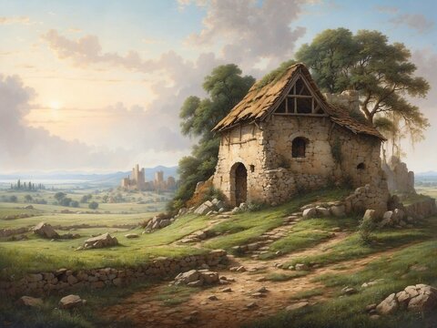Landscape with ruined medieval hut