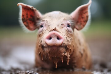 pig snout covered in wet mud - obrazy, fototapety, plakaty