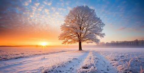 Frosty winter landscape with a lonely tree in the foreground at sunrise, Beautiful winter landscape with snow covered trees and river at sunset., Sunny Winter Morning - Powered by Adobe