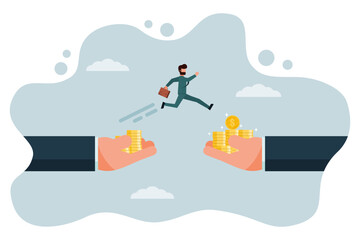 A businessman jumps from a hand with fewer gold coins to a hand that offers more gold coins. Changing jobs or moving into a higher-paying or better-paying job. Vector illustration flat design style