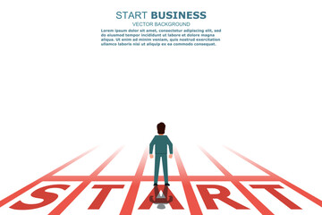 Businessman standing at the start line. The starting point to grab the finish line in the future. Startup banner to compete against itself. Business Concept. Vector illustration flat design style
