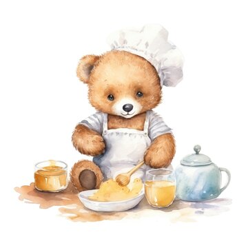 Cute baby bear cub character cooking in chefs hat watercolor illustration for children book.