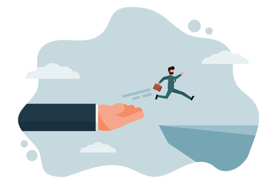 Businessmen's hands help a businessman to the top of the cliff of success. Having an assistant helps you reach success quickly. Vector illustration flat design style