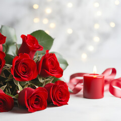 Fototapeta na wymiar St. Valentine's Day banner. Happy St. Valentine's Day, Mother's Day, Women's Day web line. Red roses bouquet, gift box and candles on white background. Copy space, product place. Festive banner