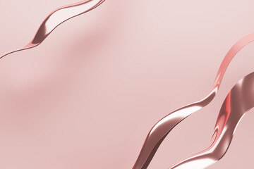 Pink background with glossy shiny metallic waves. Copy space. 3d rendering