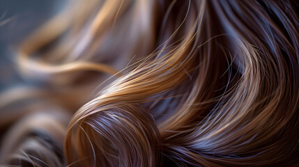 Closeup of luxurious brunette hair with natural waves and highlights in soft light