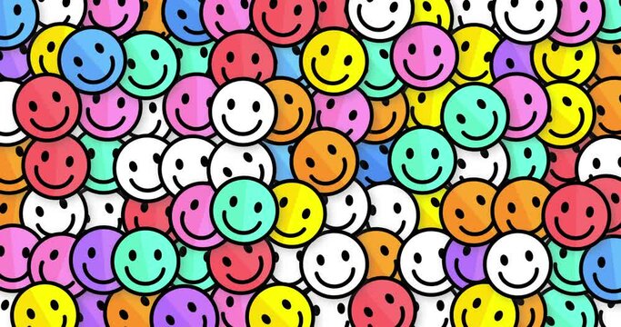 4k colorful animated smiling emojis pattern. Seamless loop bright funny colorful background. Retro funny template illustration. Pozitive faces. Don't worry! Trendy abstract summer kids style. Be Happy