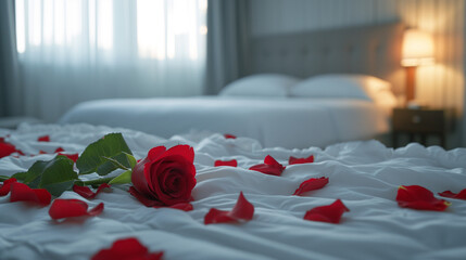 White six-star hotel room, double bed, rose strewn on the bed on Valentine's Day