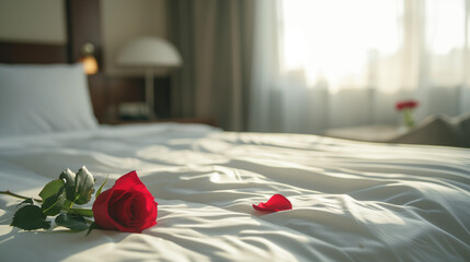 White six-star hotel room, double bed, rose strewn on the bed on Valentine's Day - obrazy, fototapety, plakaty