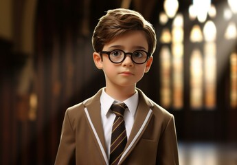 Fototapeta premium A young boy wearing glasses and a suit. Generative AI.
