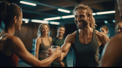 High five, fitness and happy man and women water drink after training workout in gym together.