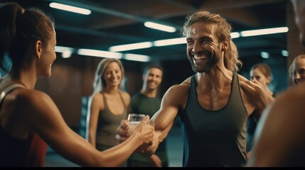 Naklejka premium High five, fitness and happy man and women water drink after training workout in gym together.