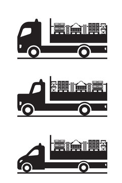 Trucks and pickup with construction materials - vector illustration