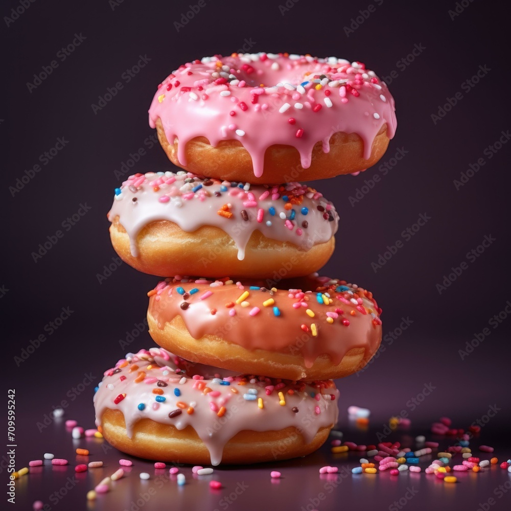 Poster a stack of donuts with sprinkles on a dark background. generative ai.