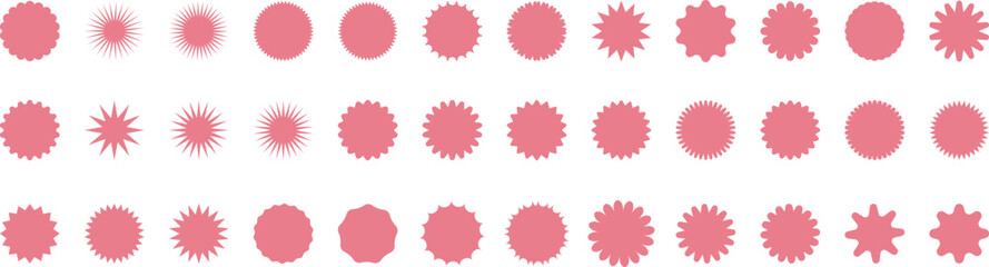 Pink starburst set, sales sticker, price tag or quality mark, retro clip art isolated label design collection